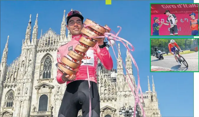  ??  ?? GANADOR DEL GIRO 100. Tom Dumoulin posa con la maglia rosa y el trofeo de ganador con el Duomo de Milán de fondo. Nairo y Nibali completaro­n el podio tras la crono final.
