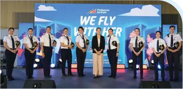 ?? ?? Captain Aimee Carandang Gloria (center) together with Philippine Airlines’ nine pilots leading the all-women flight crew in multiple internatio­nal and domestic flights (from left) Captain Anjel Regalado-Pading, Captain Rona Catunao-Guevarra, Captain Yvonne Sunga, Captain Lavina Ramnani, Captain Emmie Inciong, Captain Dyan Santos, Captain Keiko Coronel, Captain Michaella Brion, and Captain Sam Bachini. These skilled and amazing pilots made history together when dispatched by PAL on March 4 as the most number of women-only deck crew flying in a single day.