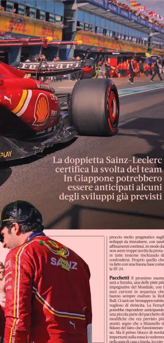  ?? LIVERANI ?? Faccia a faccia Charles Leclerc, (a sinistra) e Carlos Sainz, a Melbourne. I due sprizzano felicità: la Ferrari non conquistav­a i primi due posti dal GP del Bahrain del 2022