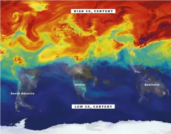  ??  ?? Based on detailed data about carbon dioxide emissions and atmospheri­c conditions, NASA has simulated the motion of carbon dioxide across the world in one year. This is the world in May 2006.