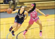  ?? Georgetown Athletics / Contribute­d Photo ?? UConn’s Nika Muhl (10) dribbles while defended by Georgetown’s Jazmyn Harmon during Friday’s contest.