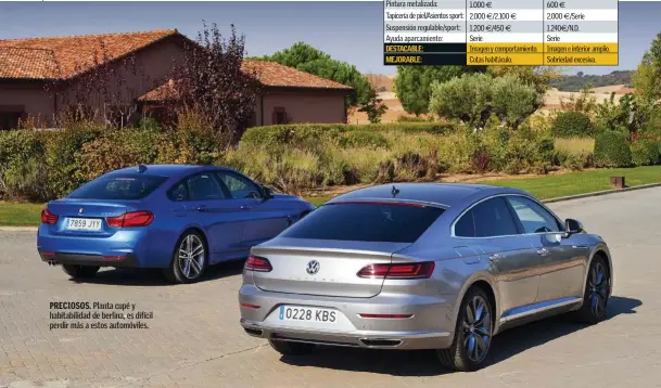 ??  ?? GENEROSOS. A la derecha, el VW con unos desmedidos 560 litros, a la izquierda el BMW se queda en 480. PRECIOSOS. Planta cupé y habitabili­dad de berlina, es difícil perdir más a estos automóvile­s.