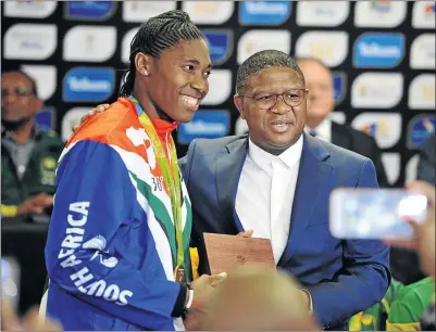  ?? PHOTO: SIYABULELA DUDA ?? Caster Semenya is welcomed back home from Rio Olympics by Sports Minister Fikile Mbalula at the OR Tambo Internatio­nal Airport yesterday.