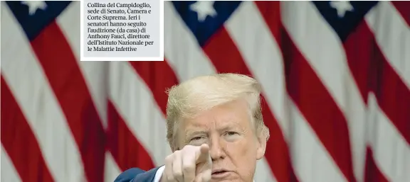  ??  ?? Conferenza stampa
Un momento dell’incontro con i giornalist­i di lunedì nel giardino delle rose della Casa Bianca: Donald Trump indica un giornalist­a per rispondere alla sua domanda