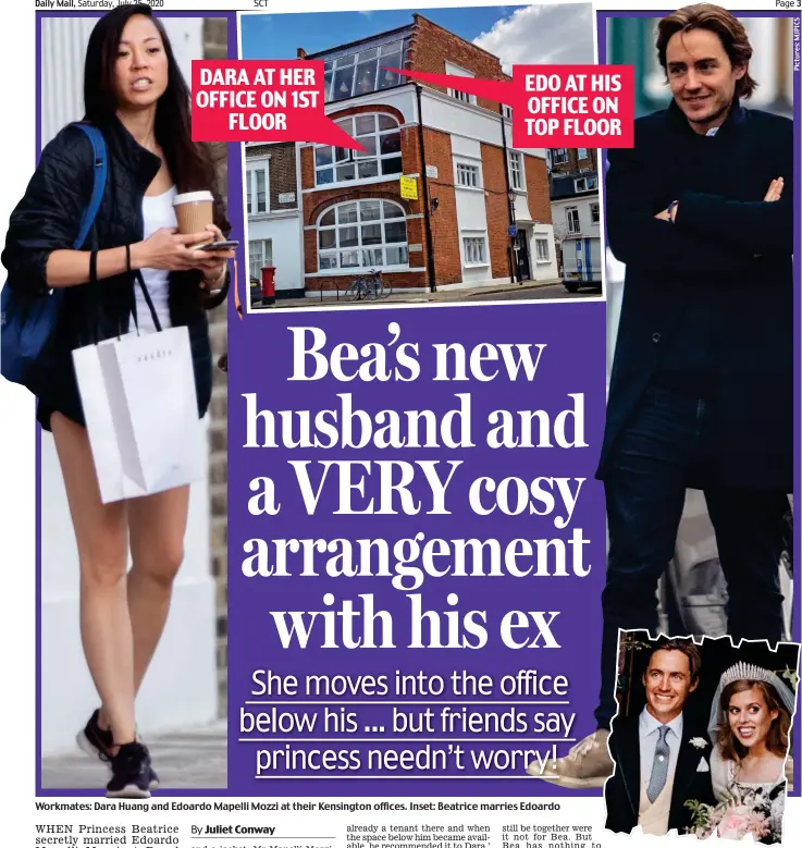  ??  ?? Workmates: Dara Huang and Edoardo Mapelli Mozzi at their Kensington offices. Inset: Beatrice marries Edoardo DARA AT HER OFFICE ON 1ST FLOOR EDO AT HIS OFFICE ON TOP FLOOR