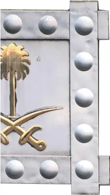  ??  ?? Saudi Arabia’s national emblem outside Istanbul consulate where Jamal Khashoggi was last seen