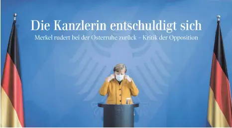  ?? FOTO: STEFANIE LOOS/DPA ?? Canossa-Gang in Berlin: Bundeskanz­lerin Angela Merkel erklärt, warum sie die strikte Osterruhe wieder rückgängig gemacht hat.