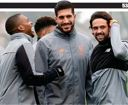  ?? REUTERS ?? Laughing matter: Emre Can shares a joke with strikers Daniel Sturridge and Danny Ings
