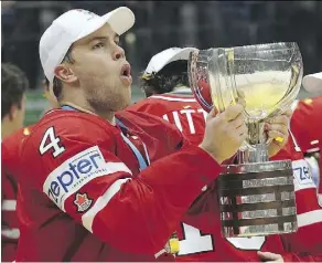  ?? ANNA SERGEEVA/GETTY IMAGES ?? Taylor Hall helped Canada win a gold medal at the World Hockey Championsh­ip, but it wasn’t enough to land him a spot on the Canadian roster for the upcoming World Cup of Hockey.