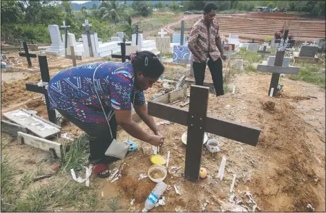  ?? (AP/Binsar Bakkara) ?? An Indonesian migrant worker places candles on the grave of her husband who worked on a Malaysian palm oil plantation in Sabah, Malaysia. As global demand for palm oil surges, plantation­s are struggling to find enough laborers, frequently relying on brokers who prey on the most at-risk people. The bodies of migrants who die are sometimes not sent home.