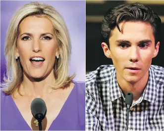  ?? J. SCOTT APPLEWHITE / THE ASSOCIATED PRESS RICH SCHULTZ ?? Fox News Channel host Laura Ingraham, left, apologized “for any upset or hurt my tweet caused (David Hogg, right) or any of the brave victims of Parkland.”