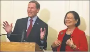  ?? Emilie Munson / Hearst Connecticu­t Media ?? Democrats U.S. Sen. Richard Blumenthal of Connecticu­t and Sen. Mazie K. Hirono of Hawaii introduced legislatio­n to block the Trump administra­tions new "public charge" rule for immigrants at the U.S. Capitol in Washington, D.C., on Tuesday.