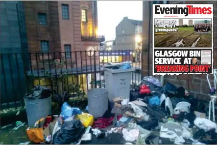  ??  ?? Overflowin­g rubbish at Bridgeton Cross, and inset, our front page in last night’s Evening Times