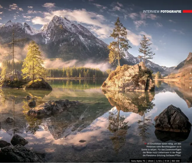  ??  ?? >> 15 Einzelbild­er waren nötig, um den Hintersee nahe Berchtesga­den so in Szene zu setzen. Für das Zusammenfü­gen der Bilder nutzt Liebermann in der Regel die Panorama-stitching-software PTGUI.
Sony Alpha 7S | 14mm | 1/10 s | F/14 | ISO 100