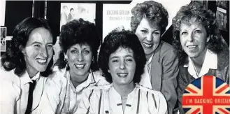  ??  ?? Mission (from left): Secretarie­s Brenda, Joan, Valerie, Carol Ann and Christine. Inset right: A badge for I’m Backing Britain