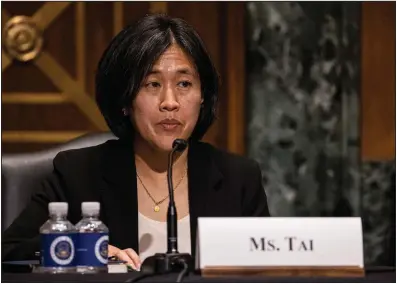  ?? (AP/Tasos Katopodis) ?? Many Americans “for a very long time felt disconnect­ed from our trade policies,” Katherine Tai, nominee for U.S. trade representa­tive, said Thursday in testimony before the Senate Finance Committee on Capitol Hill.