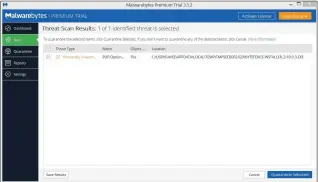  ??  ?? Malwarebyt­es presents the results of its scan and lets you remove the offending bits with one click