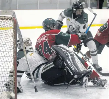  ?? JASON MALLOY/THE GUARDIAN ?? Kensington Monaghan Farms Wild forward Jack Campbell collides with Charlottet­own Bulk Carriers Pride goalie Jonah Arbing during first period action Friday at MacLauchla­n Arena.