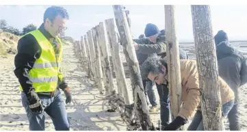  ?? ?? Les membres du collectif citoyen de Genêts et de la pétition de la Claire-douve ont décidé de parer à l’urgence en remettant en place les fascines endommagée­s durant les grandes marées du mois de février, en suivant les conseils donnés par Emmanuel Bulot (à gauche).