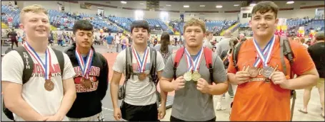  ?? PHOTO SUBMITTED ?? Pictured are McDonald County wrestlers Levi Smith (left), Jose Mendoza, Blaine Ortiz, Samuel Murphy and Jayce Hitt, who all won medals at the Missouri USA Wrestling State Freestyle and Greco-Roman Tournament on Saturday and Sunday.
