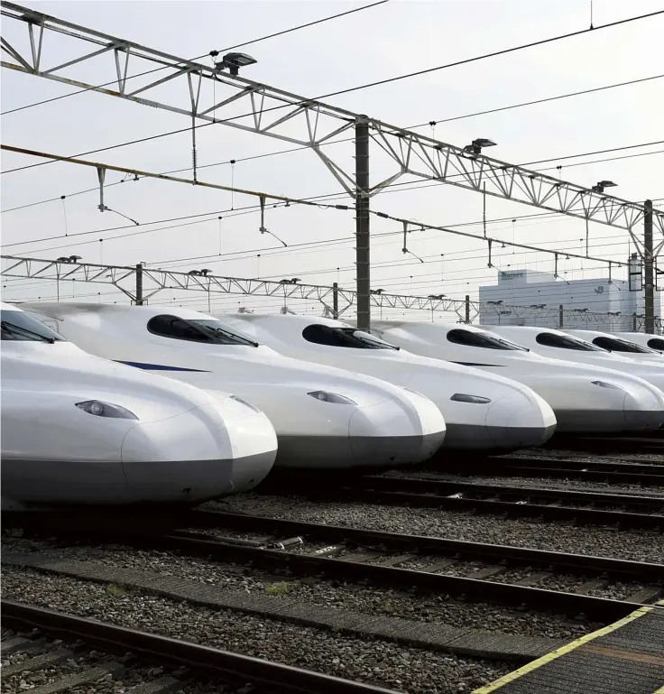  ?? ?? N700-series Shinkansen bullet trains are parked at the Oi railway depot in Shinagawa Ward, Tokyo, on April 21.