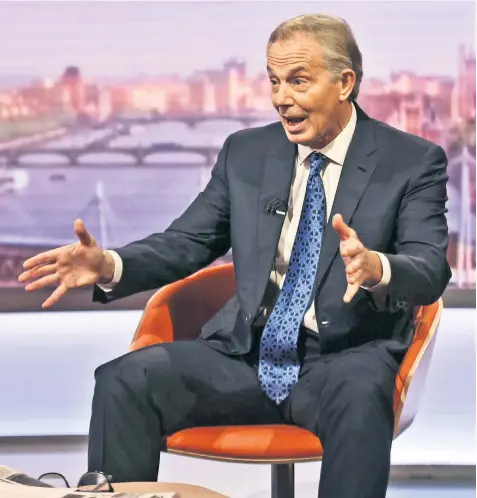  ??  ?? Tony Blair, the former Labour prime minister, on the Andrew Marr Show yesterday. He argued that the enlargemen­t of the EU had ‘done great benefit to this country’