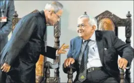  ??  ?? President Pranab Mukherjee talks with eminent scientist Bikash Sinha during the inaugurati­on of The Unified Academic Campus of Bose Institute at Salt City the outskirts of Kolkata on Thursday. PTI PHOTO