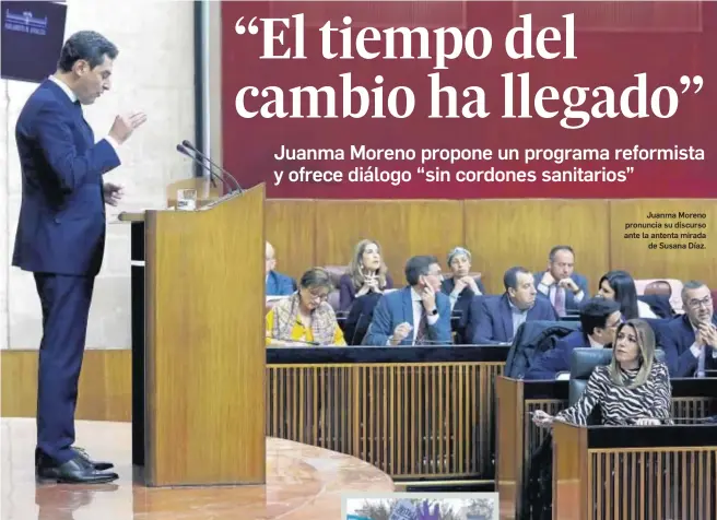  ??  ?? Juanma Moreno pronuncia su discurso ante la antenta mirada de Susana Díaz.