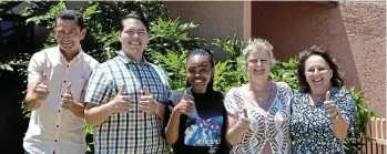  ?? Picture: MARK CARRELS ?? WELL EARNED: El Shaddai Christian Academy teachers, from left, Gary Forbes, John Coetzee, Amanda Budaza, Ms Haupt and principal Rene Payne give a thumbs-up to the matric class of 2023 who achieved a 100% pass.