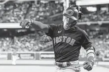  ?? Brett Coomer / Staff photograph­er ?? Boston’s Kike Hernandez celebrates after his home run in the fourth gave the Red Sox a 9-0 lead during Saturday’s Game 2.