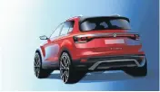  ??  ?? Left: The designer sketch of the rear of the TCross. Below: Beneath the camouflage are LED lights and sharp creases but it will not be as sportylook­ing as the T-Roc.