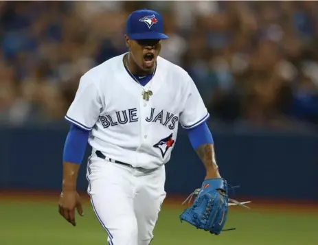  ?? STEVE RUSSELL/TORONTO STAR ?? Jays starter Marcus Stroman is pumped up after ending the first inning on a strikeout against Boston Red Sox on Friday night at the Rogers Centre.