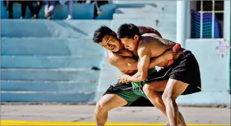  ??  ?? Members of the Naga tribe fight during the Naga wrestling competitio­n at the annual Hornbill festival at Kisama village in Kohima, Nagaland on Wednesday. AFP