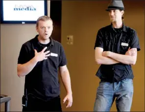  ?? Arkansas Democrat-gazette/jason IVESTER ?? Alex Newby (left) and Jonathan Meyer talk Saturday about their jobs working backstage at the Walton Arts Center in Fayettevil­le during a workshop before a Saturday matinee of Mary Poppins.
