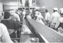  ??  ?? Workers package chicken pieces on an assembly line in the Valentine Chicken Abattoir.