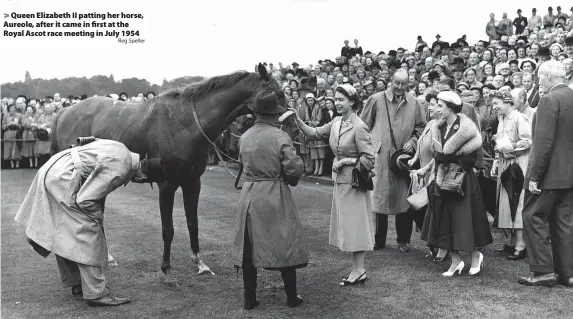  ?? Reg Speller ?? Queen Elizabeth II patting her horse, Aureole, after it came in first at the Royal Ascot race meeting in July 1954