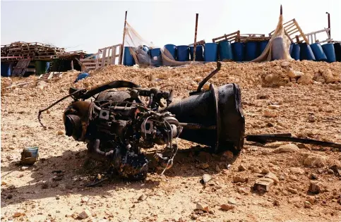  ?? ?? The remains of a rocket booster that Israeli authoritie­s say critically injured a seven-year-old girl near Arad after it was shot down during the drone and missile attack from Iran.