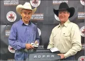  ?? Facebook capture ?? Lynn Turcato accepts his award for winning the Tie Down Roping title (50-59 years),