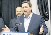  ?? MARTA LAVANDIER/AP ?? Gov. Ron DeSantis, pictured last week in Pembroke Pines, said at a stop Monday in Fort Pierce that he wants “parents to ultimately have the call on masks,” repeating his argument that mask requiremen­ts violate a state law creating a parents’ bill of rights. “This is something that really matters for parents,” the governor said.