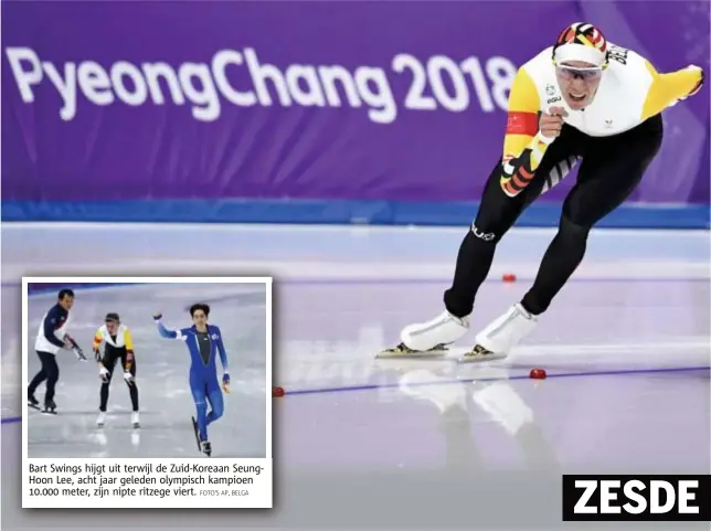  ?? FOTO'S AP, BELGA ?? Bart Swings hijgt uit terwijl de ZuidKoreaa­n SeungHoon Lee, acht jaar geleden olympisch kampioen 10.000 meter, zijn nipte ritzege viert.