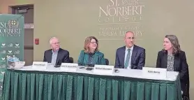  ?? DANIELLE DUCLOS/USA TODAY NETWORK-WISCONSIN ?? From left, Michael Marsden, Laurie Joyner, Michael Alexander and Kate Burns speak to the press on April 11 in De Pere about a new partnershi­p between St. Norbert College and the University of Wisconsin-Green Bay.