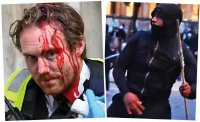  ??  ?? ‘Enough is enough’: An officer injured in Whitehall and a protester in Parliament Square