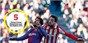  ?? AP ?? Messi heads for the ball past Athletic Bilbao’s Benat Etxebarria during their recent La Liga match. —