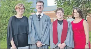  ?? PHOTOS BY STEPHEN BRUN/THE GUARDIAN ?? From left, Elizabeth Blake, principal of École François Buote; class valedictor­ian Jacob Gagné; Governor General’s Medal winner Sarah Buote; and guest speaker Angèle Haché-Rix following the school’s graduation ceremonies June 22 in Charlottet­own.