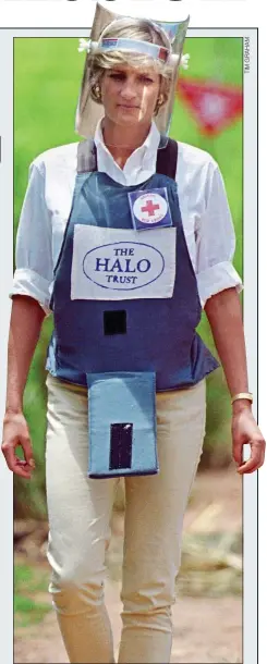  ?? ?? LIFE SAVERS: Halo’s Mairi Cunningham, left, and, above, Princess Diana walking through an Angolan minefield in 1997