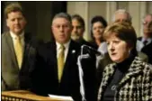  ?? MIKE MCMAHON — THE RECORD ?? With Mark Eagan, president of the Albany-Colonie Chamber of Commerce, and state Assemblyma­n John McDonald looking on, Albany Mayor Kathy Sheehan leads a press conference inside City Hall announcing local stakeholde­r support of a state Assembly bill...