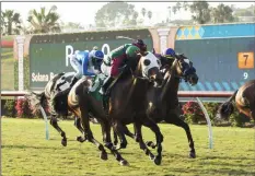  ?? HONS ?? In a photo provided by Benoit Photo, Pulpit Rider and jockey Juan Hernandez, outside, overpower Cordiality, left, with Umberto Rispoli, and Mucho Unusual, right, with Flavien Prat, to win the $125,000 Solana Beach Stakes horse race Saturday, Aug. 15, 2020, at Del Mar Thoroughbr­ed Club in Del Mar, Calif.