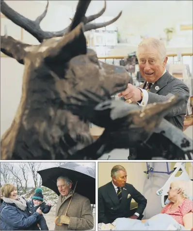  ?? PICTURES: SCOTT MERRYLEES/SIMON HULME. ?? SAY CHEESE: Prince Charles looks at a sculpture in the Courtyard, Settle; the Prince meets Helen Lawson and her son Jack Taylor, eight months, from Ellerbeck at Broadrake Farm; chatting with Whynne Staniforth at the Prince of Wales Hospice in Pontefract.