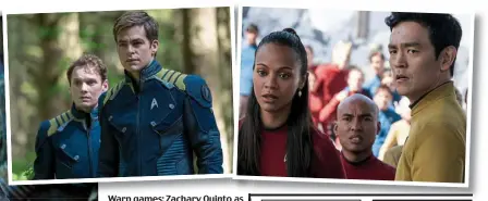  ??  ?? Warp games: Zachary Quinto as Spock with Sofia Boutella as Jaylah. Inset: Chris Pine as Kirk with the late Anton Yelchin as Chekov and (right) Zoe Saldana as Uhura and John Cho as Sulu