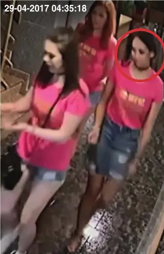  ??  ?? CCTV image: Kirsty Maxwell, circled, arriving back at the hotel with friends